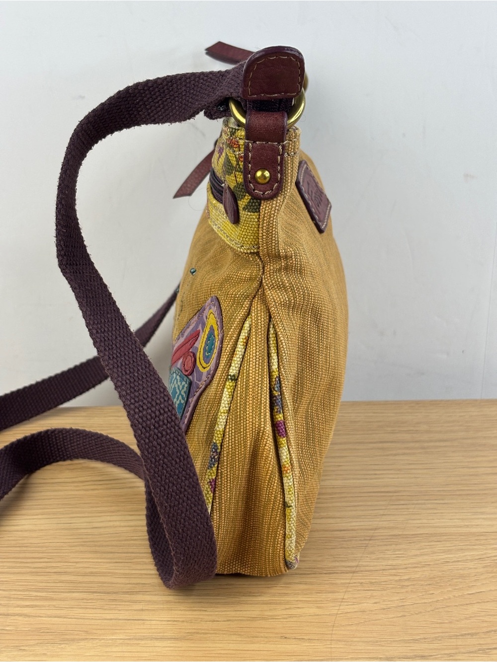 Y2K Fossil Mustard Canvas Purple Leather Patchwork Butterfly Accents Crossbody - Picture 4 of 10